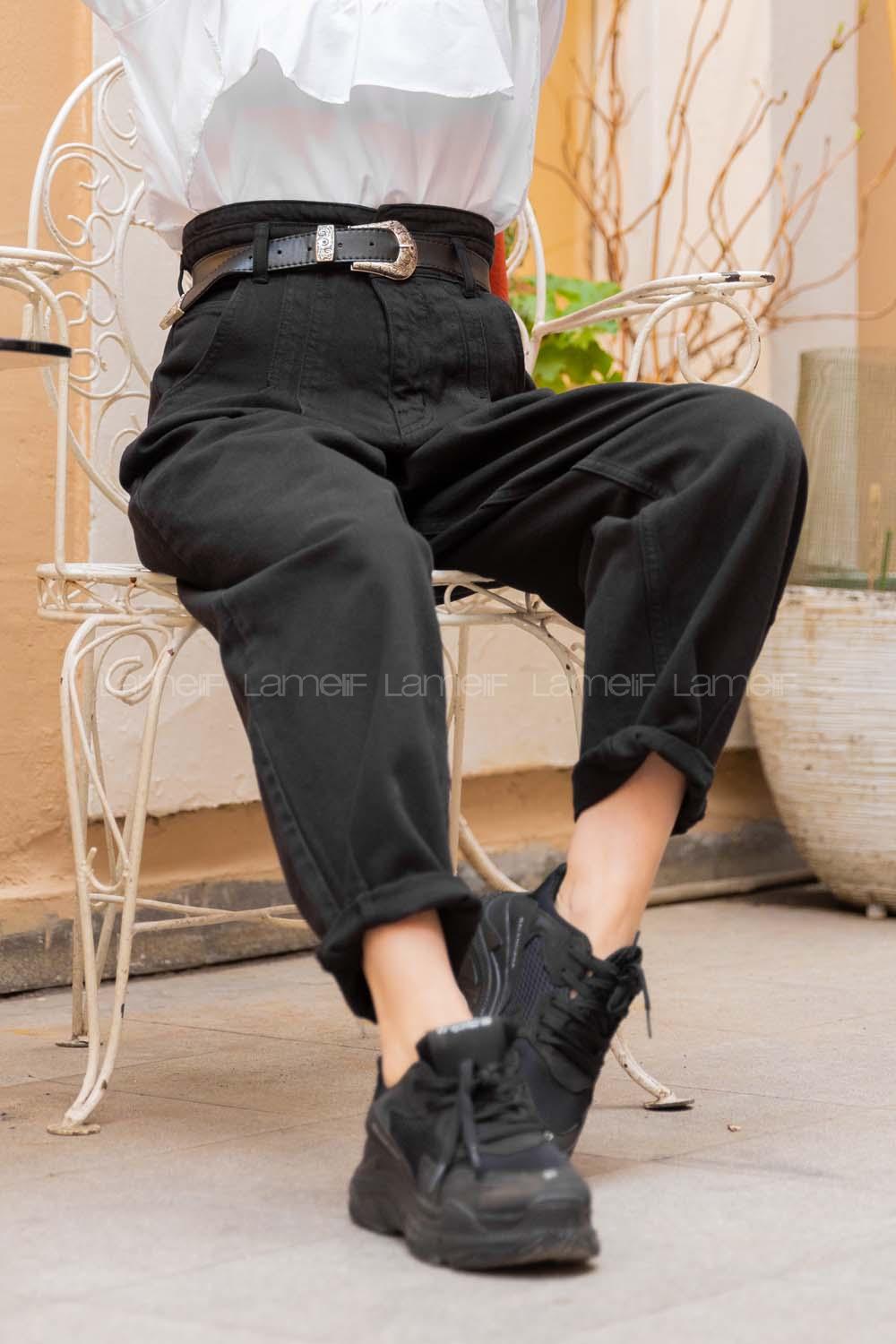 Modalamelif İki Pileli Paçası Pensli Kot Pantolon Siyah