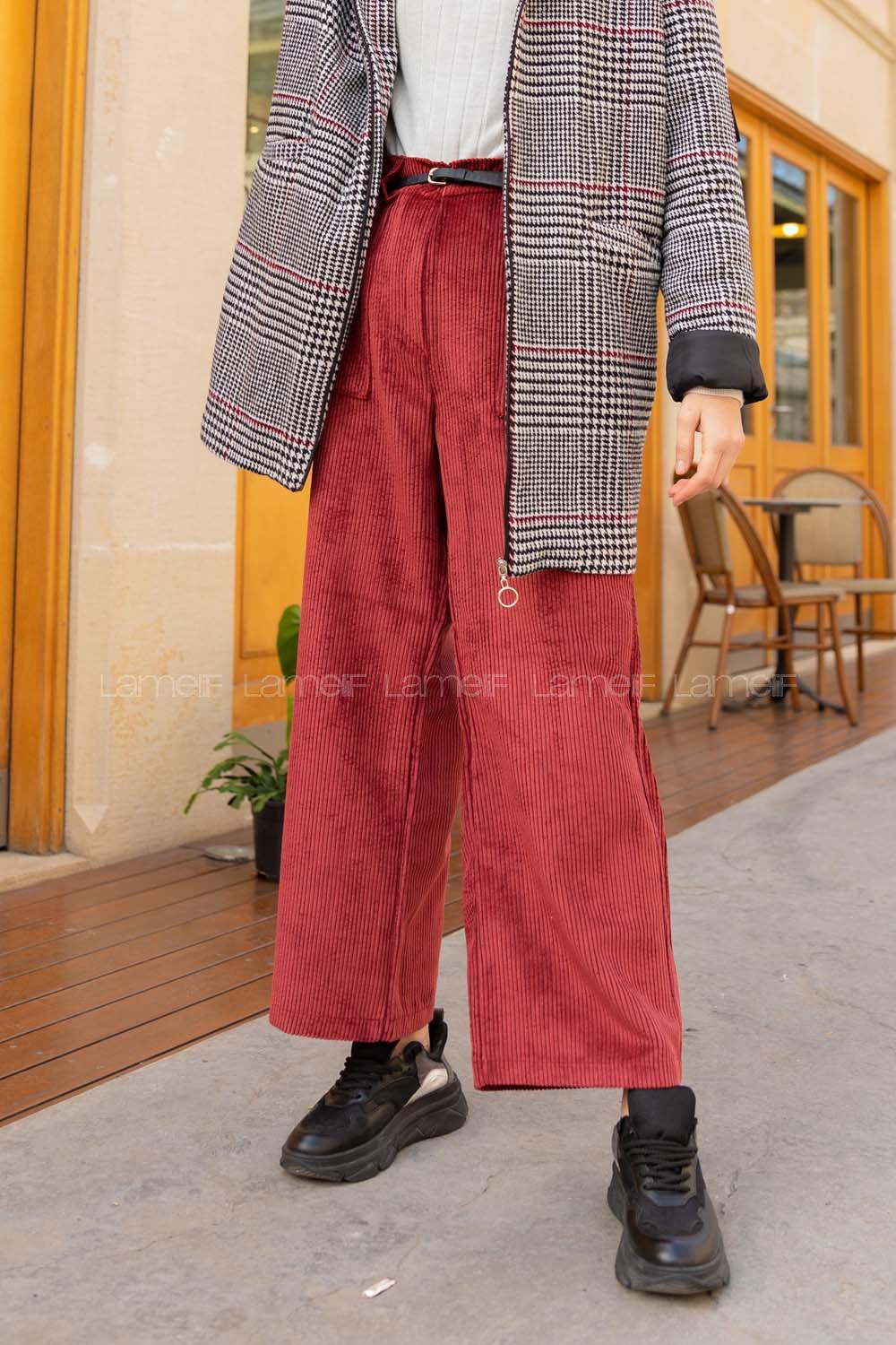 Modalamelif Kalın Fitilli Geniş Paça Kadife Pantolon  Bordo