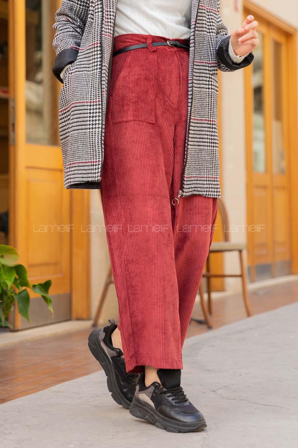 Modalamelif Kalın Fitilli Geniş Paça Kadife Pantolon  Bordo