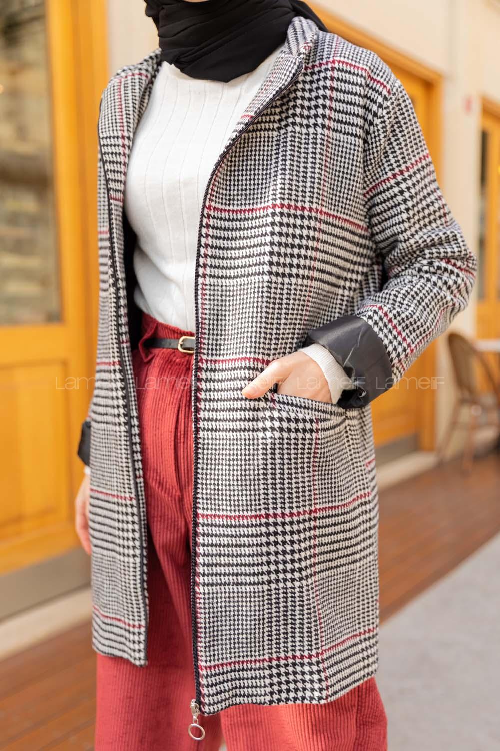 Modalamelif Önü Fermuarlı Çift Cep Detaylı Kaban Bordo