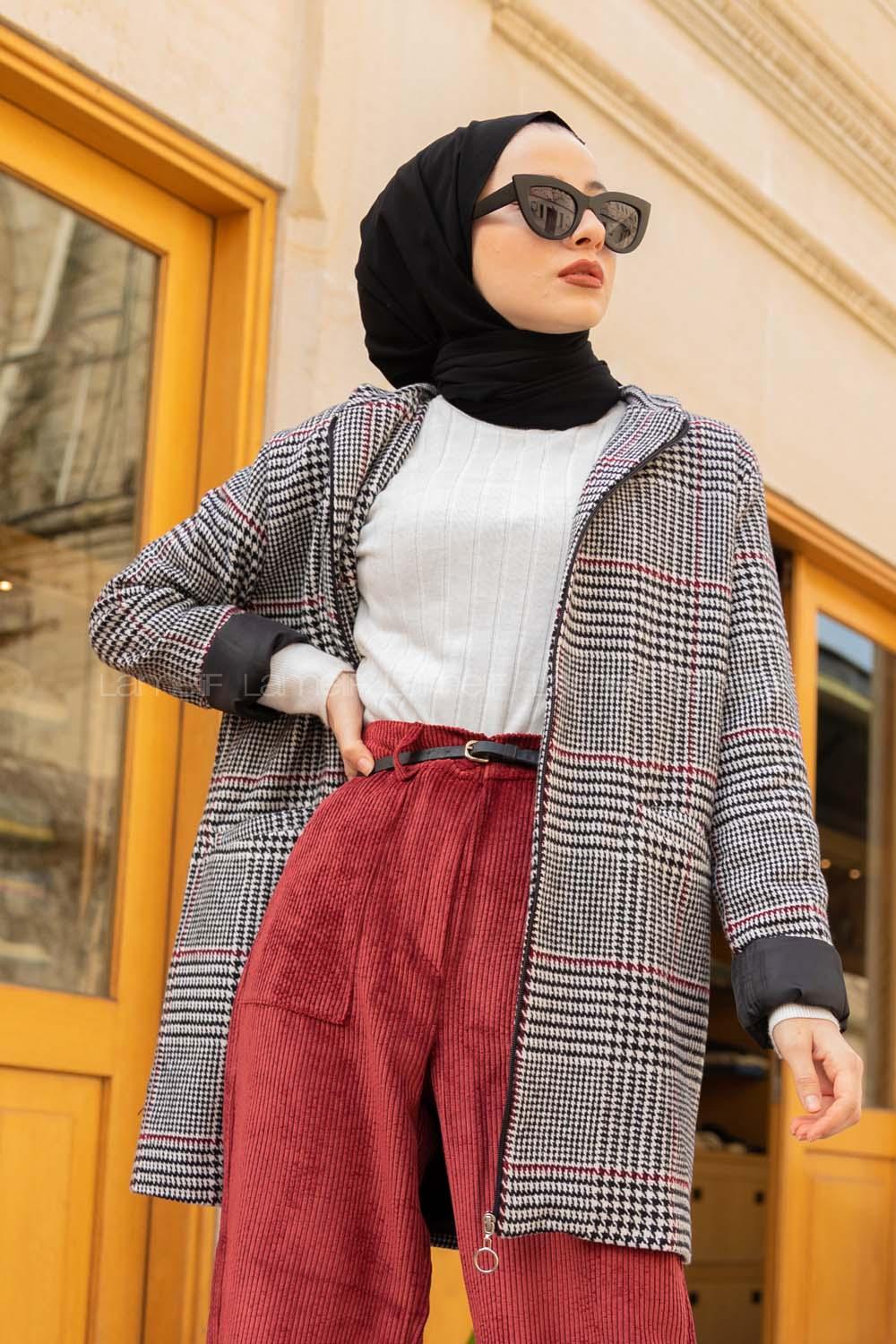 Modalamelif Önü Fermuarlı Çift Cep Detaylı Kaban Bordo