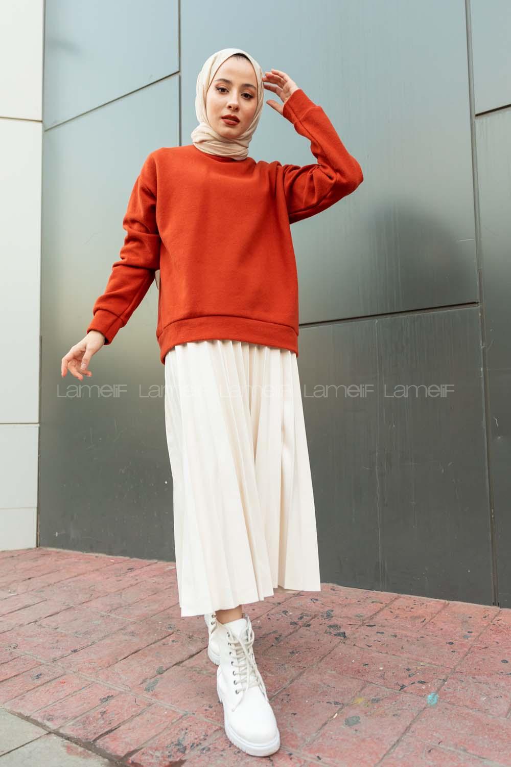 Modalamelif Yarım Balıkçı Yaka Düz Renk Sweat Kiremit