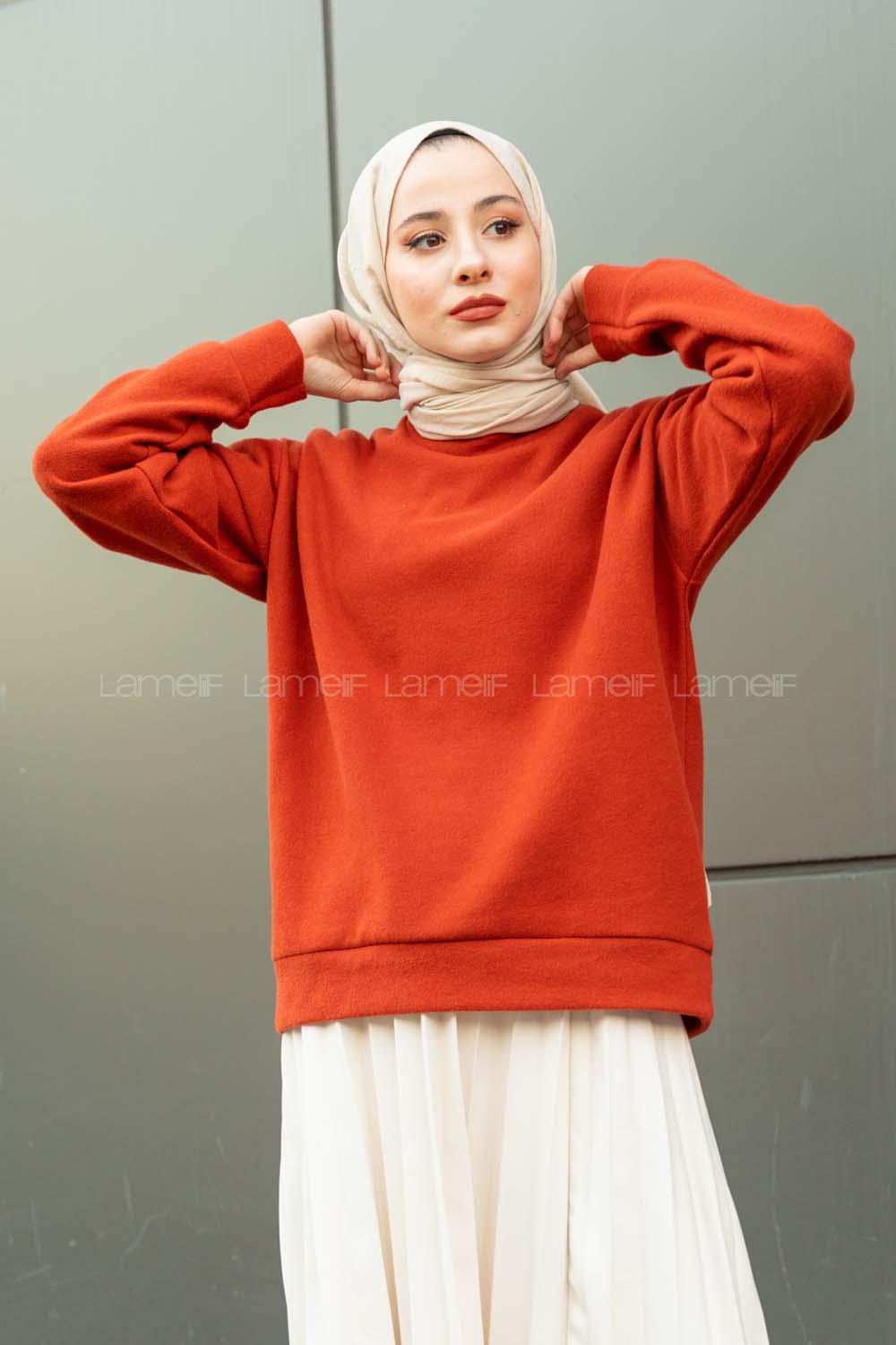 Modalamelif Yarım Balıkçı Yaka Düz Renk Sweat Kiremit