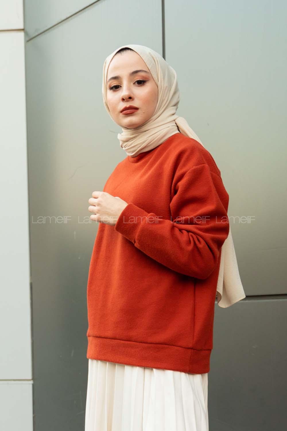 Modalamelif Yarım Balıkçı Yaka Düz Renk Sweat Kiremit