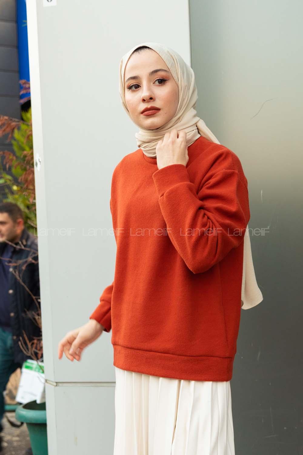 Modalamelif Yarım Balıkçı Yaka Düz Renk Sweat Kiremit