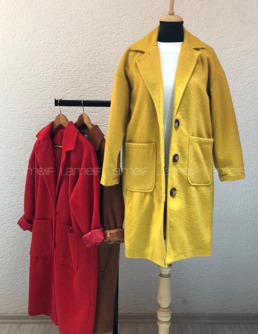 Modalamelif Kırçıllı Uzun Kaşe Kaban Hardal Sarısı