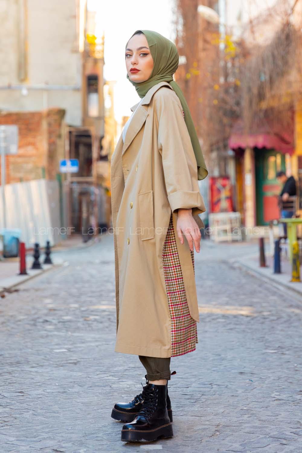 Modalamelif Arkası Ekose Desen Belden Bağlamalı Trenç Bej Yeşil