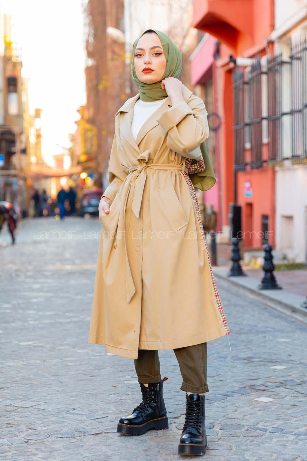 Modalamelif Arkası Ekose Desen Belden Bağlamalı Trenç Bej Yeşil