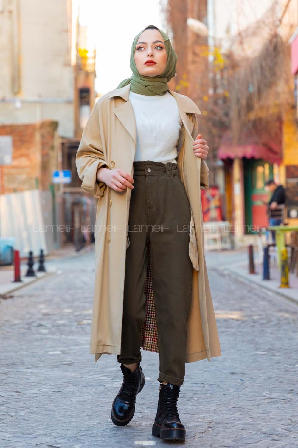 Modalamelif Arkası Ekose Desen Belden Bağlamalı Trenç Bej Yeşil