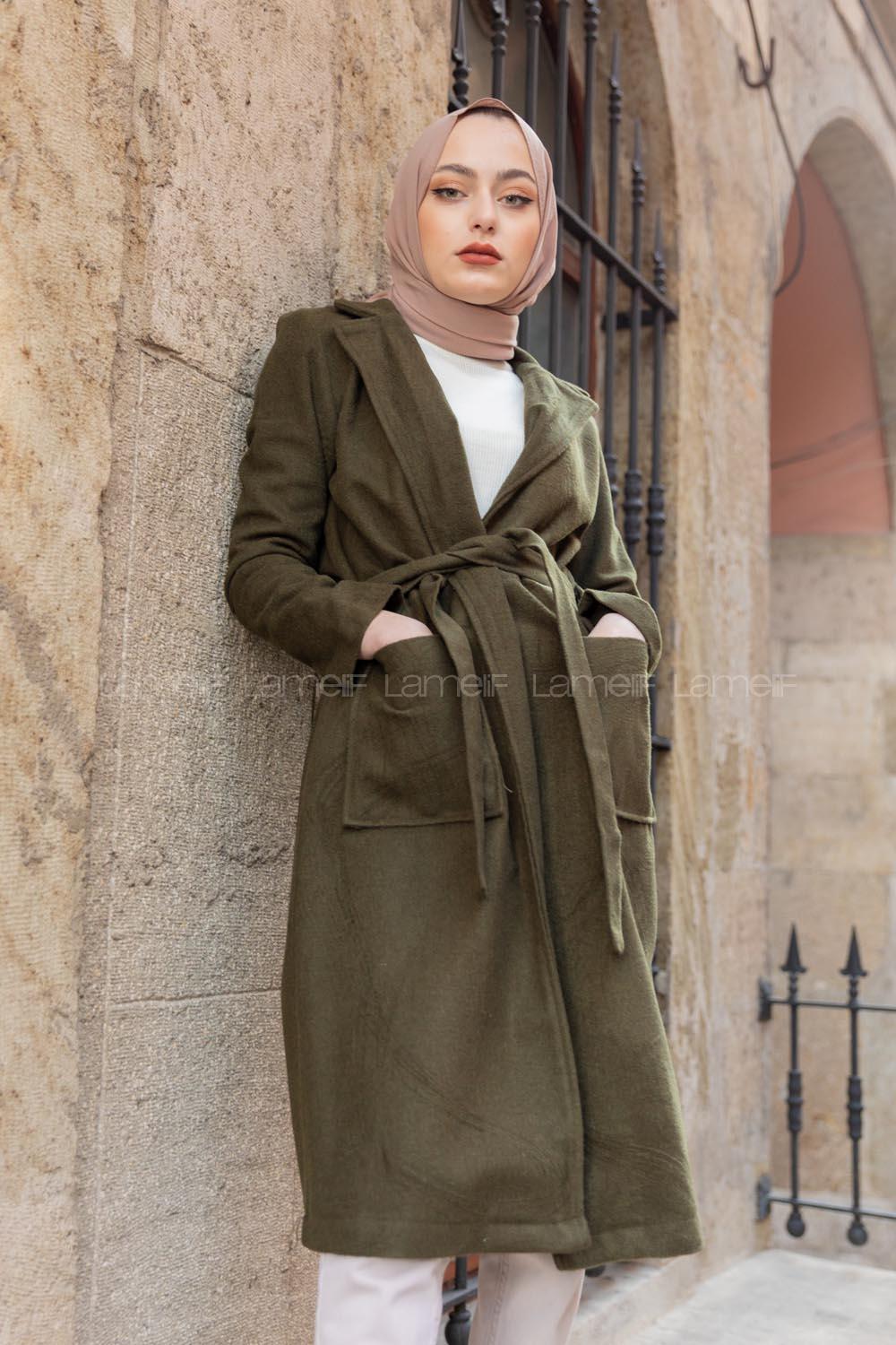 Modalamelif Belden Bağlamalı Kaşe Kaban Haki