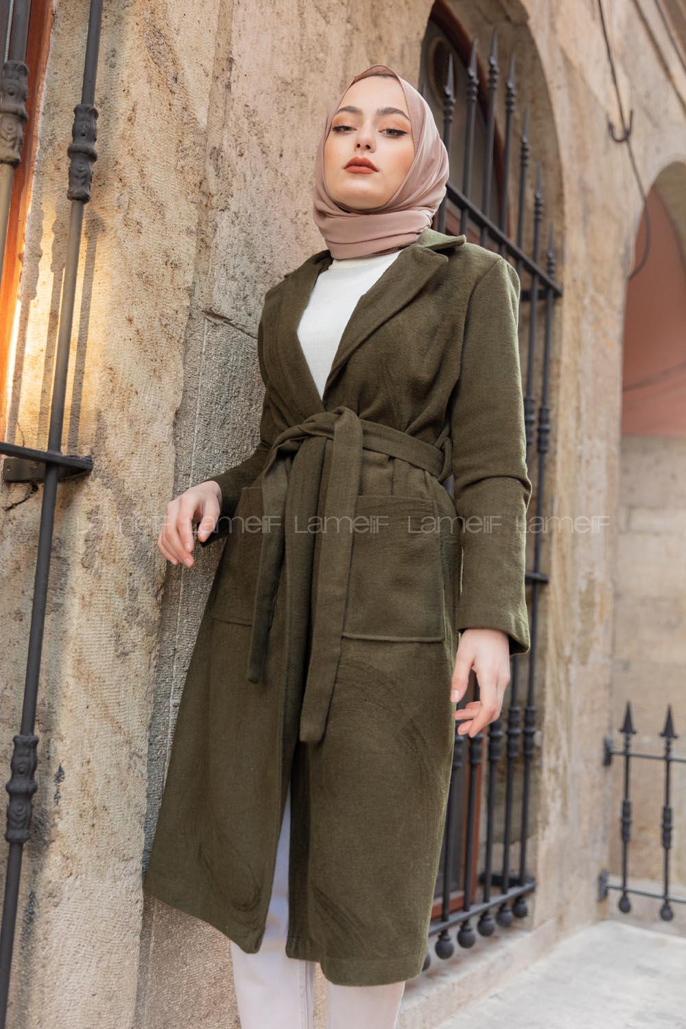 Modalamelif Belden Bağlamalı Kaşe Kaban Haki