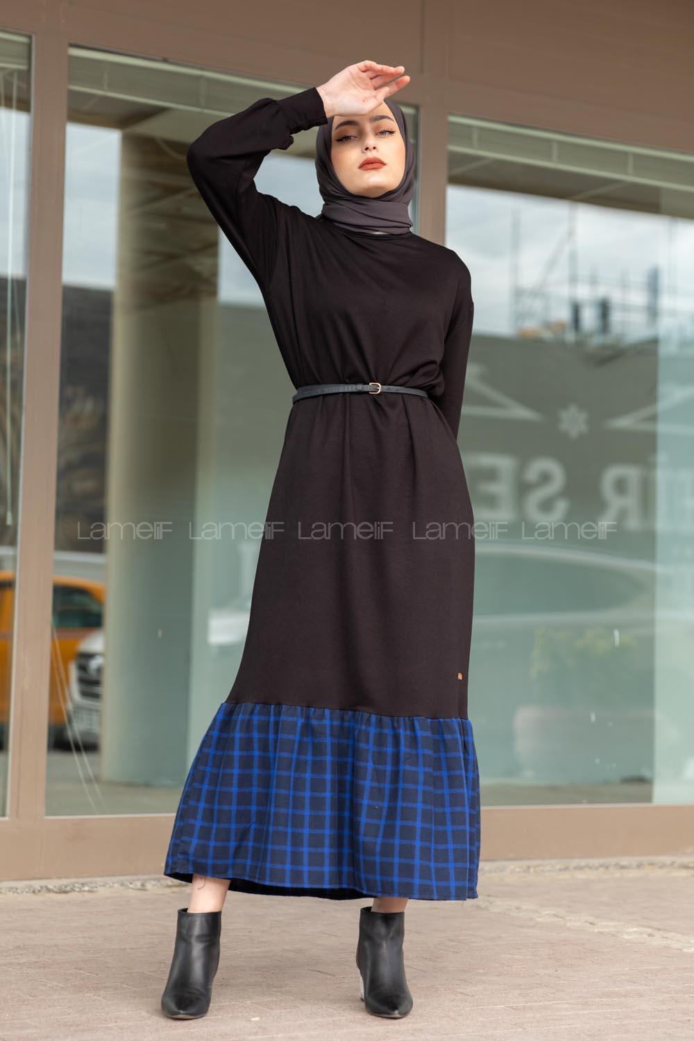 Modalamelif Etek Ucu Ekose Detaylı Elbise Siyah Saks Mavisi