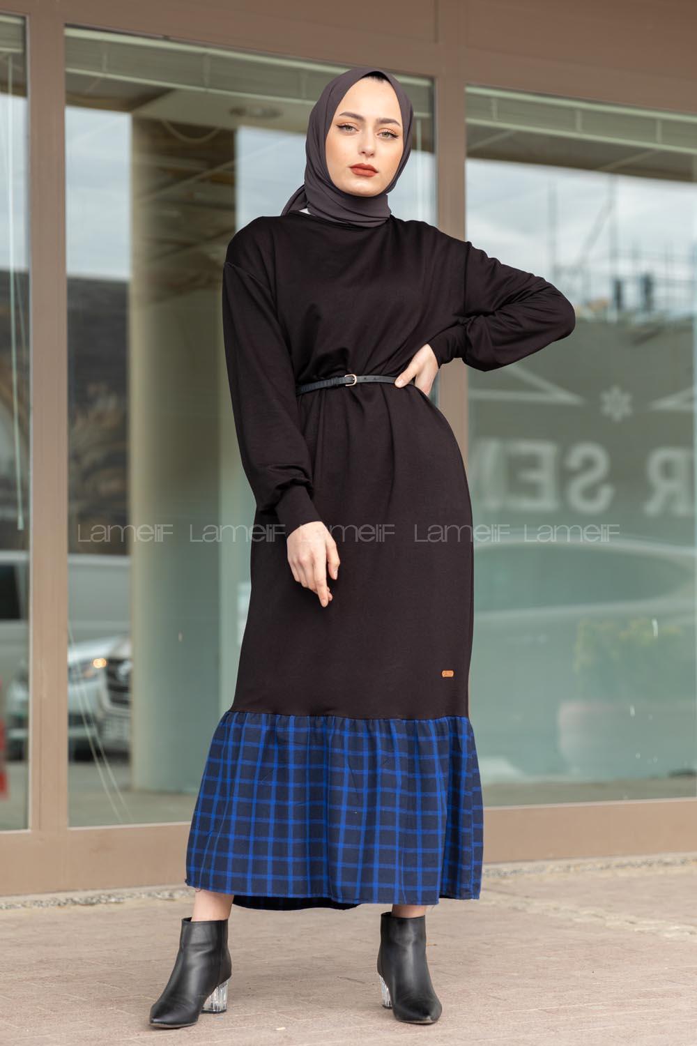 Modalamelif Etek Ucu Ekose Detaylı Elbise Siyah Saks Mavisi