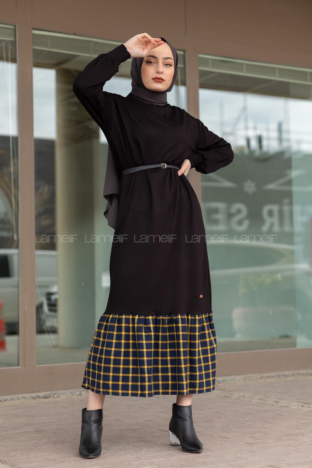 Modalamelif Etek Ucu Ekose Detaylı Elbise Siyah Siyah Hardal