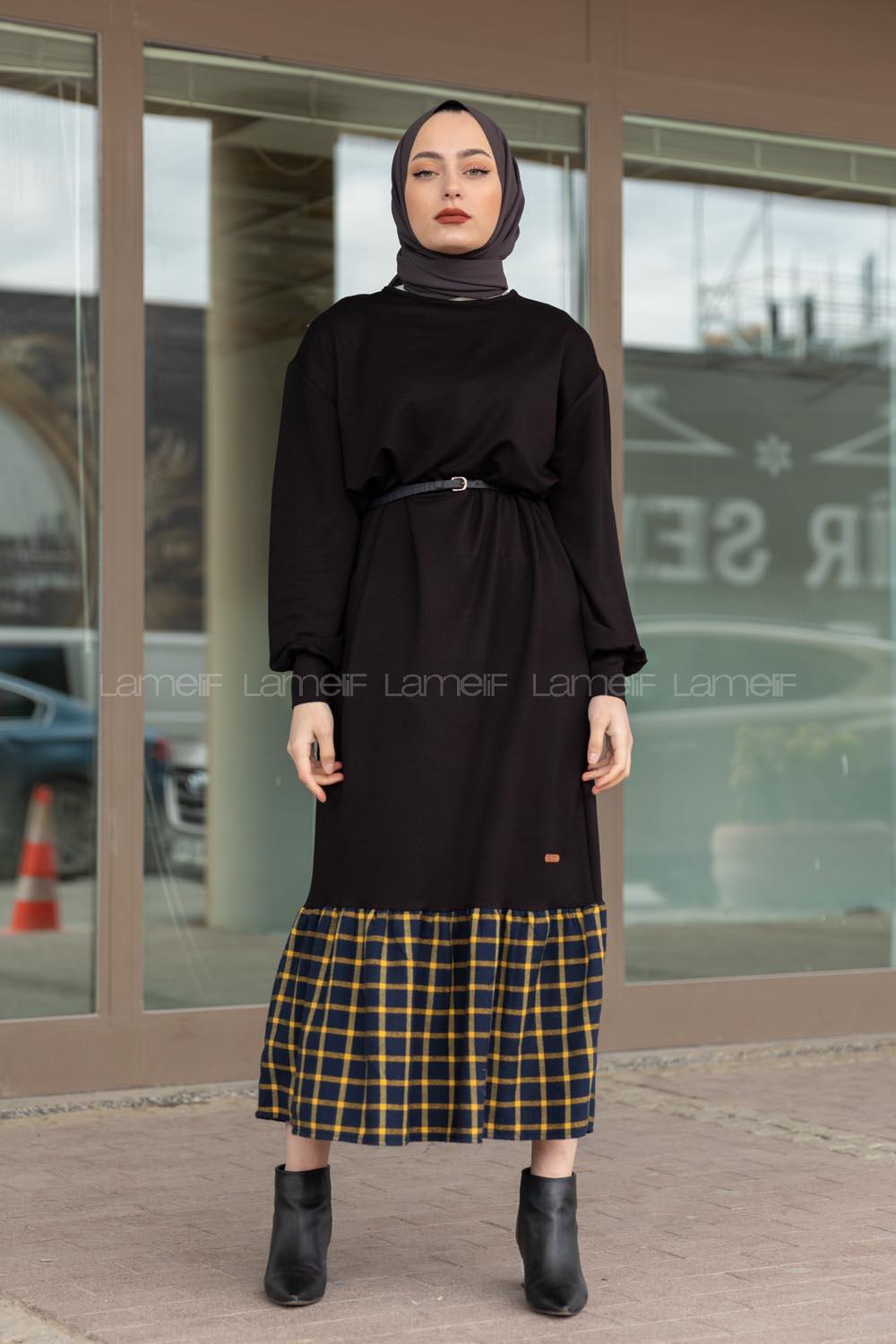 Modalamelif Etek Ucu Ekose Detaylı Elbise Siyah Siyah Hardal