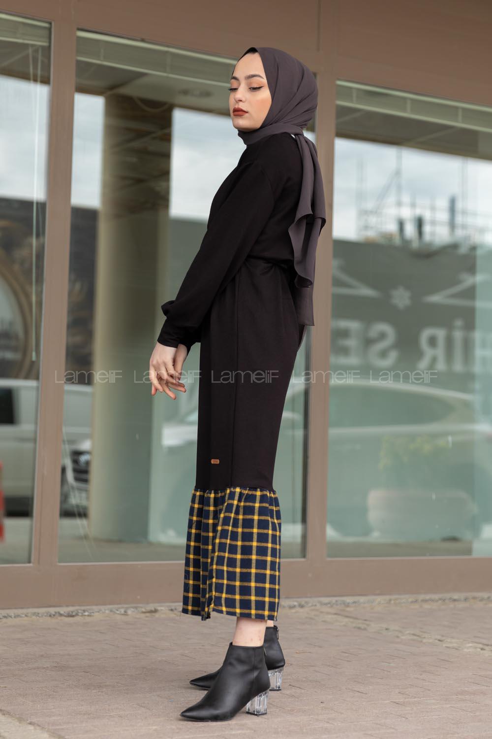 Modalamelif Etek Ucu Ekose Detaylı Elbise Siyah Siyah Hardal