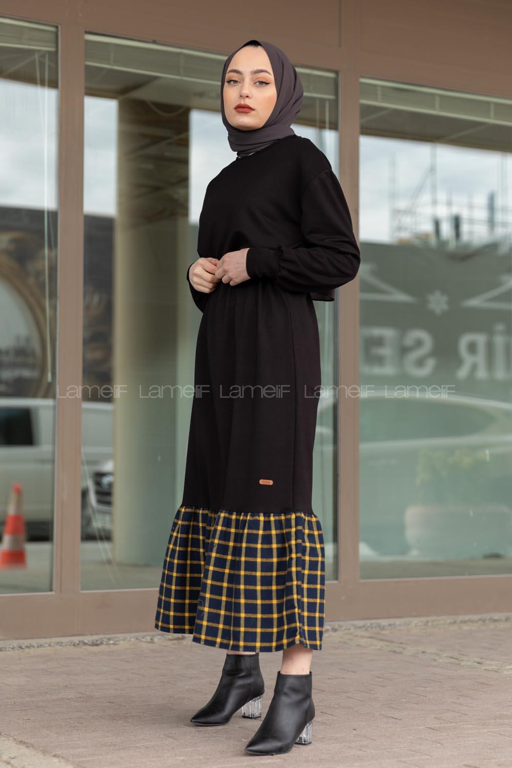 Modalamelif Etek Ucu Ekose Detaylı Elbise Siyah Siyah Hardal