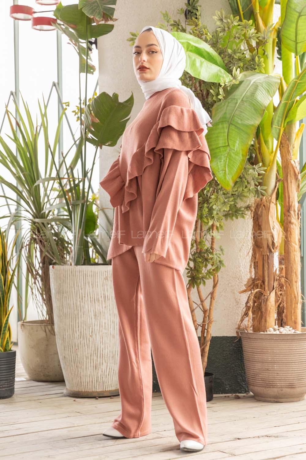 Modalamelif Fırfırlı  Triko Takım  Pudra