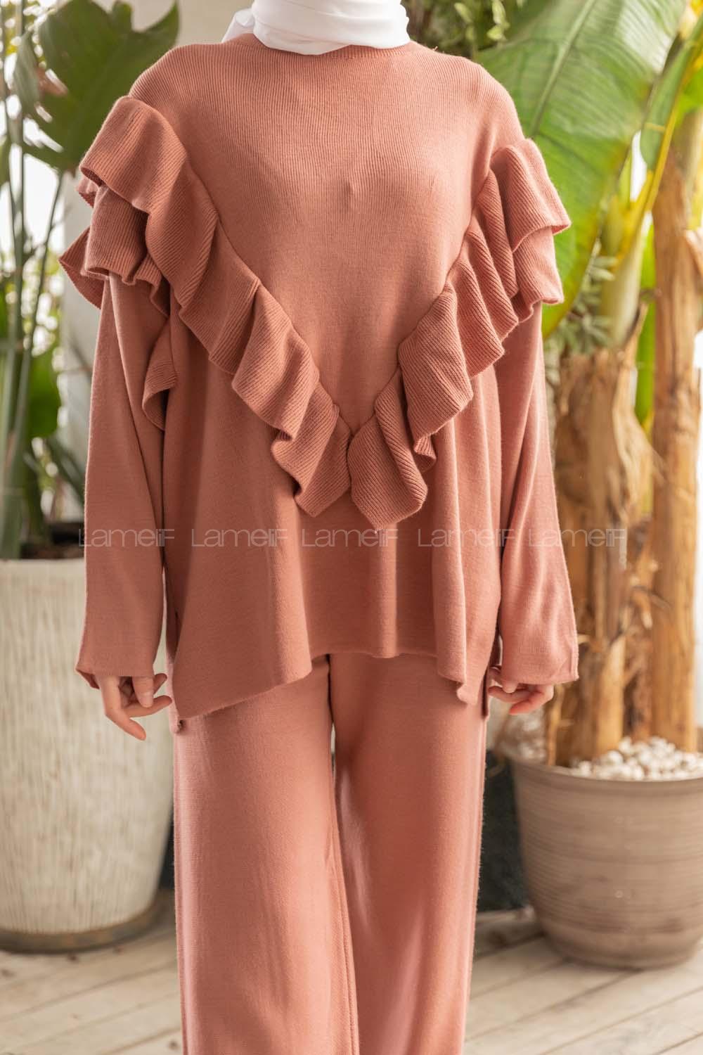 Modalamelif Fırfırlı  Triko Takım  Pudra