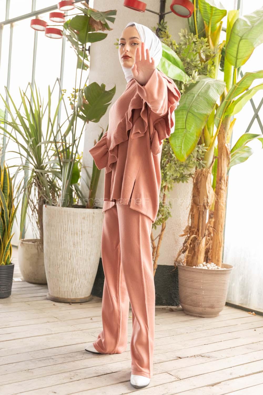 Modalamelif Fırfırlı  Triko Takım  Pudra