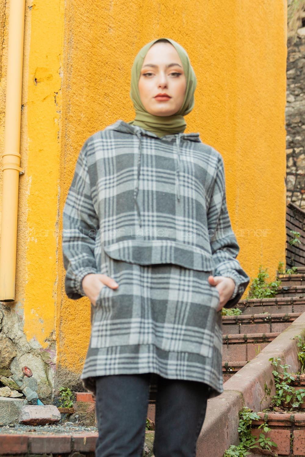 Modalamelif Kanguru Cep Kapaklı Kapşonlu Ekose Desen Tunik Gri