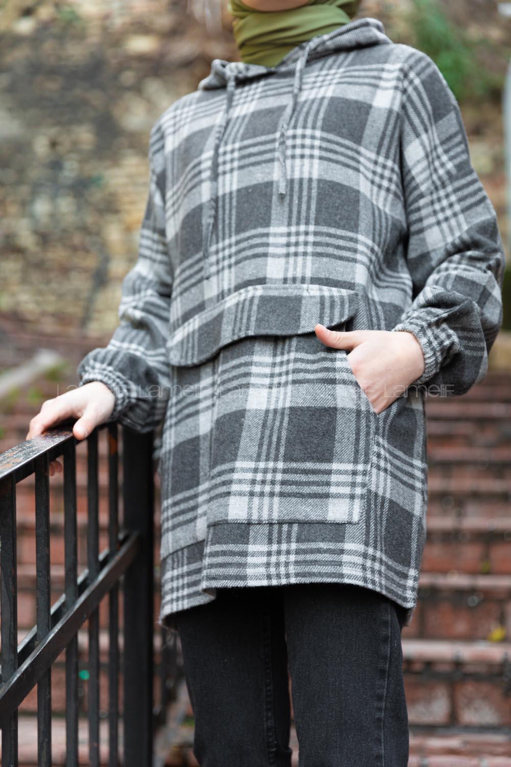 Modalamelif Kanguru Cep Kapaklı Kapşonlu Ekose Desen Tunik Gri