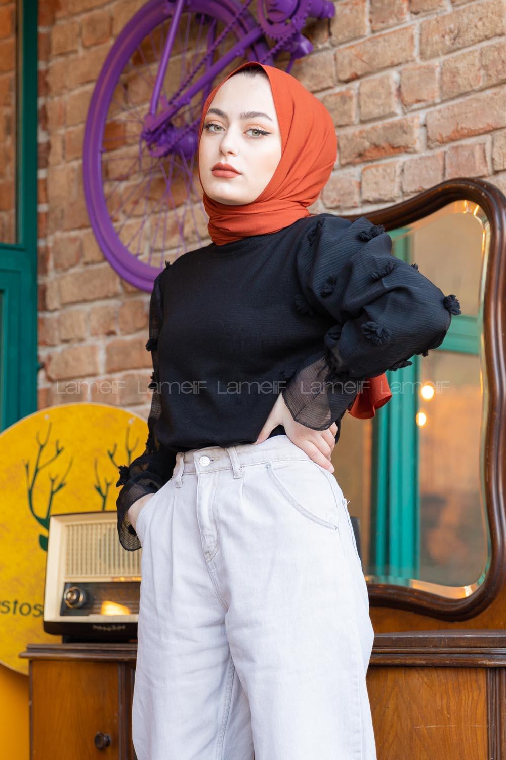 Modalamelif Kol Tül Detaylı Triko Tunik Siyah