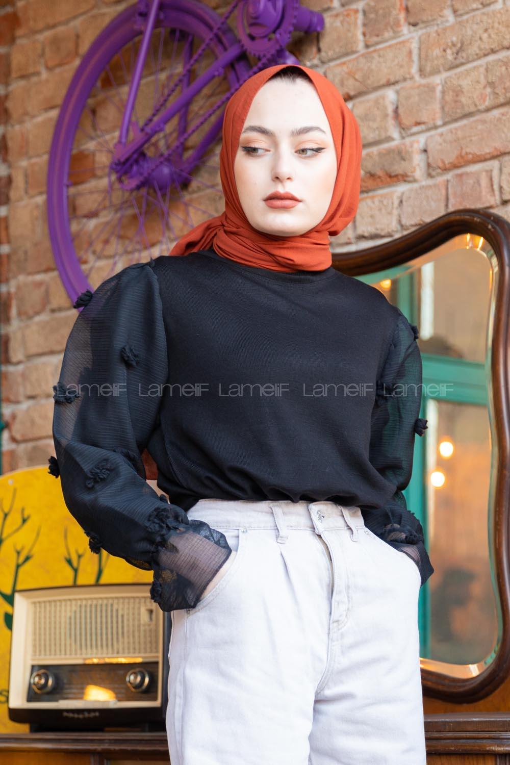 Modalamelif Kol Tül Detaylı Triko Tunik Siyah