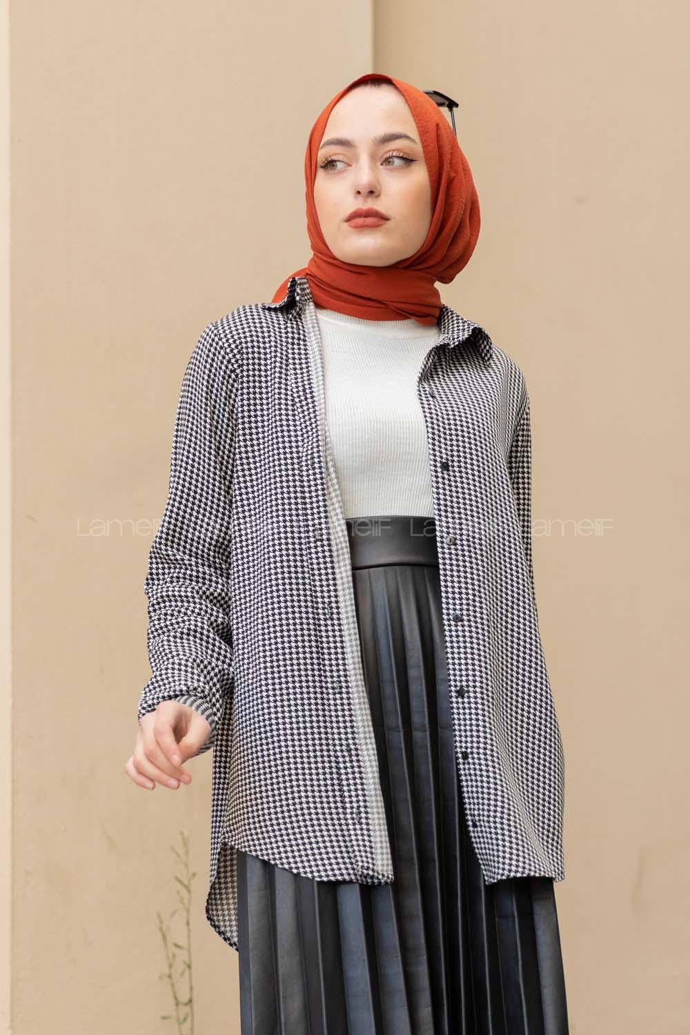 Modalamelif Kazayağı Desen Gömlek Siyah Beyaz