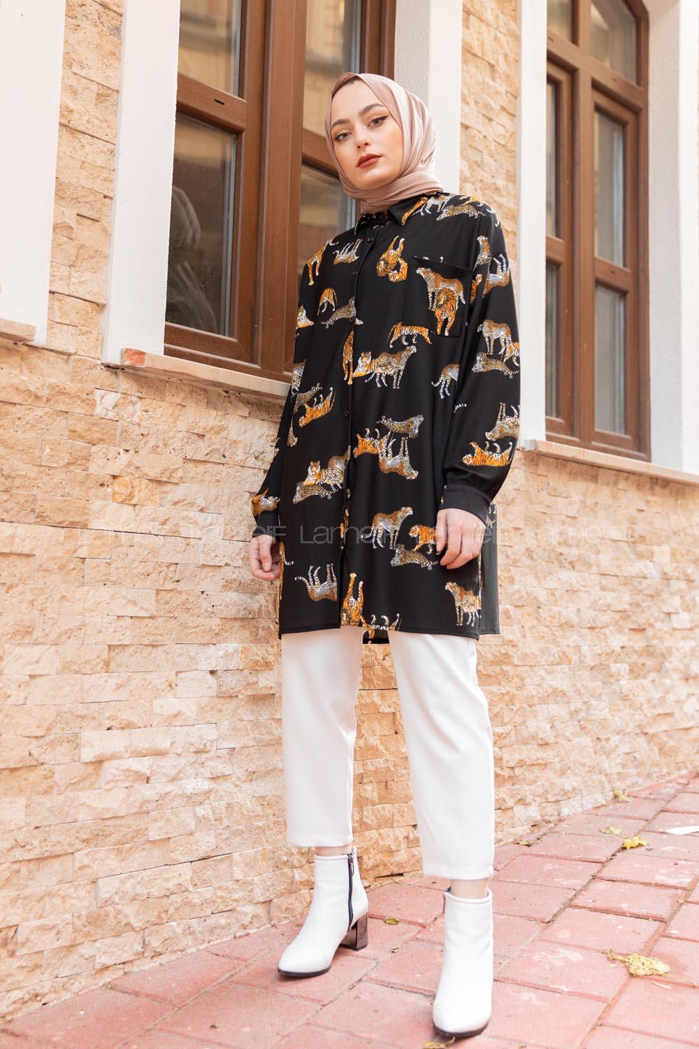 Modalamelif Tek Cep Detaylı Kaplan  Desen Gömlek