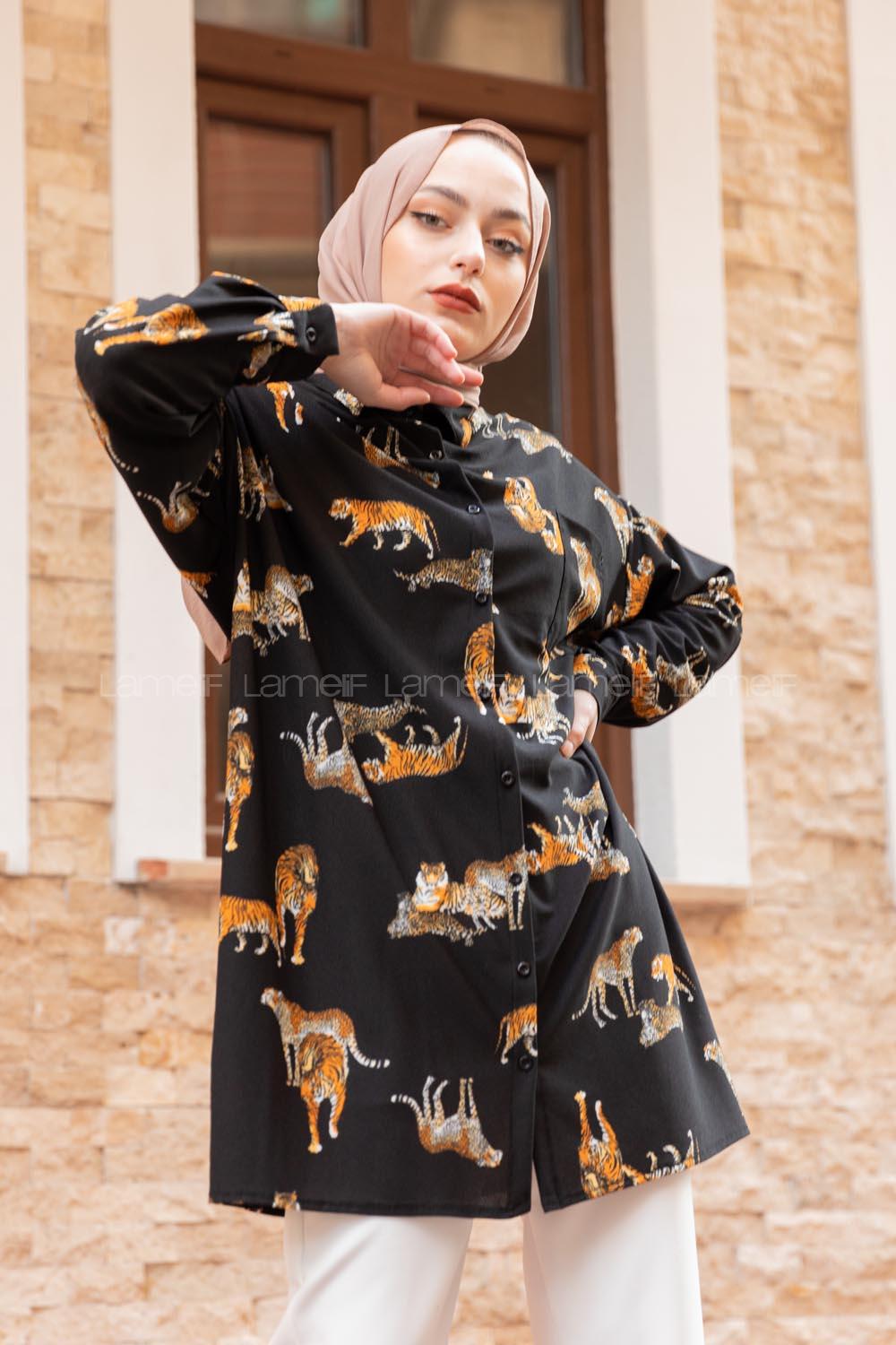 Modalamelif Tek Cep Detaylı Kaplan  Desen Gömlek