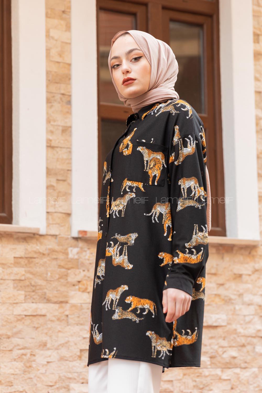 Modalamelif Tek Cep Detaylı Kaplan  Desen Gömlek