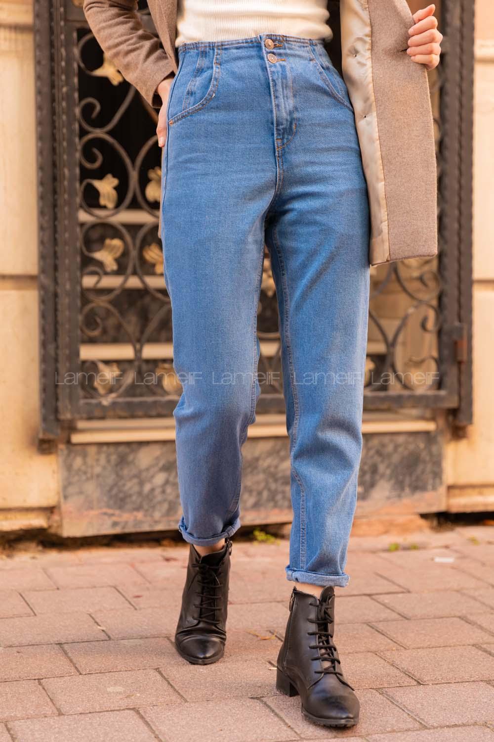 Modalamelif Arka Bel Lastikli  Mom Jean Açık Mavi