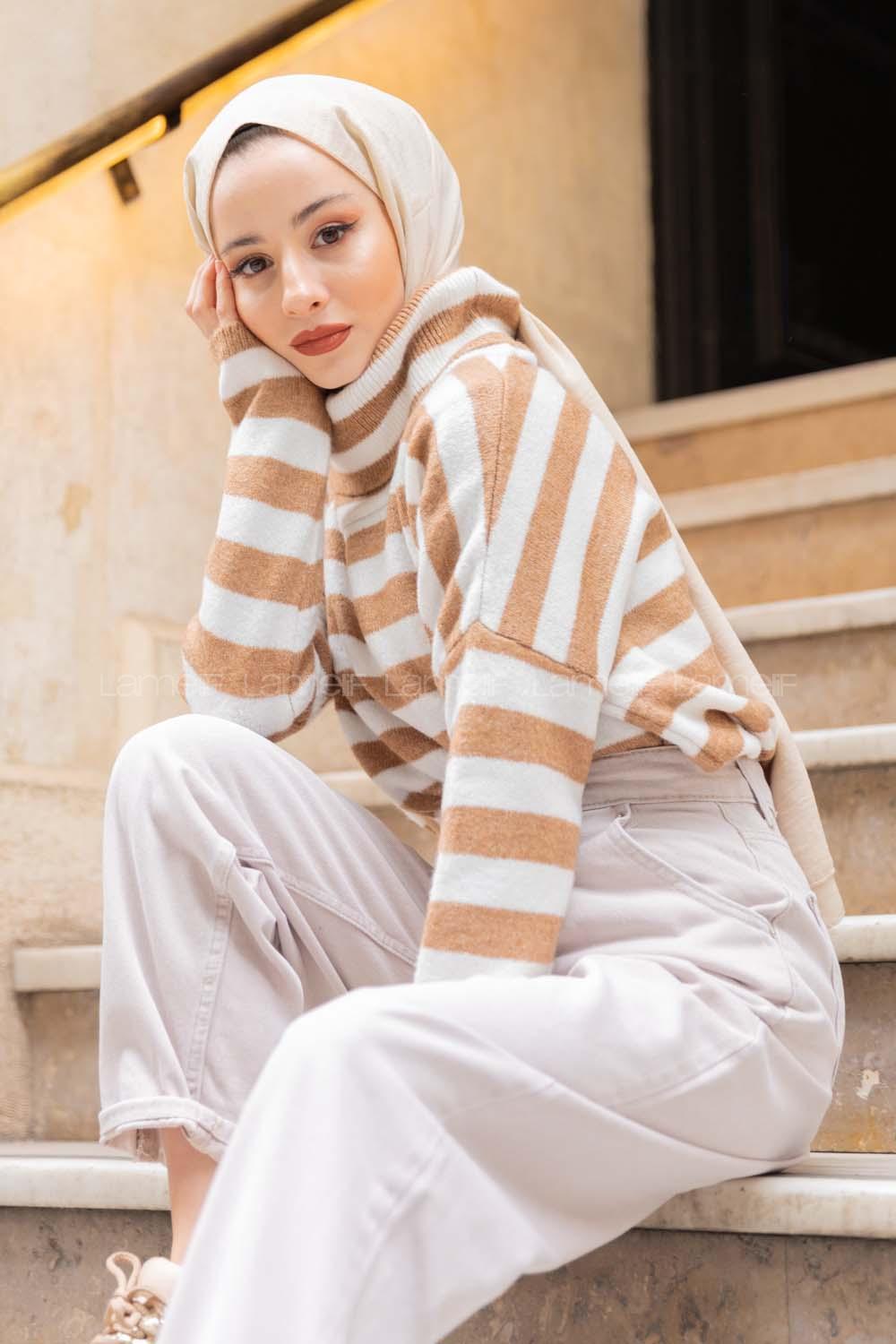 Modalamelif Balıkçı Yaka Çizgili Kazak Sütlü Kahve