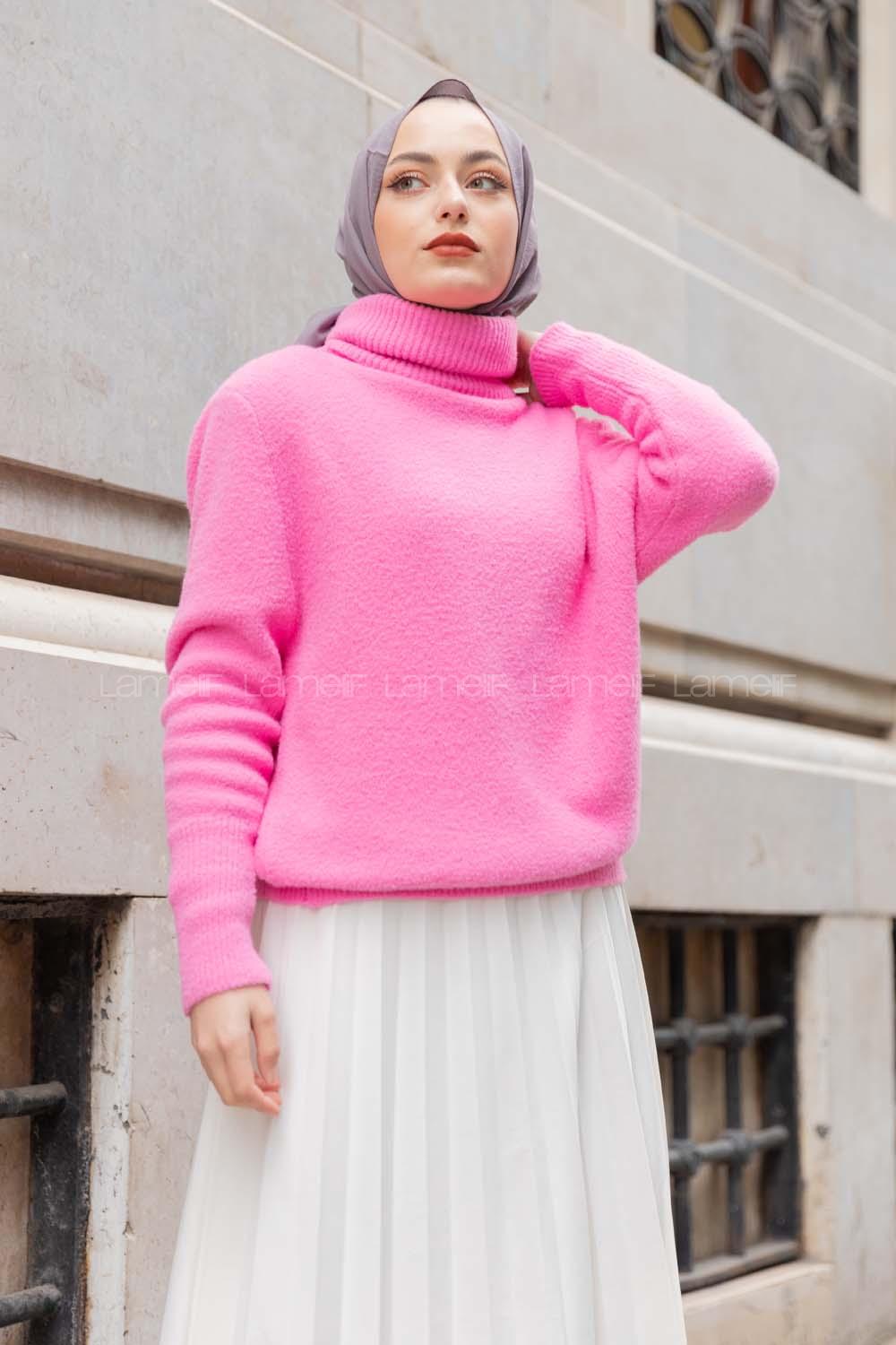 Modalamelif Balıkçı Yaka Düz Renk Kazak Pembe