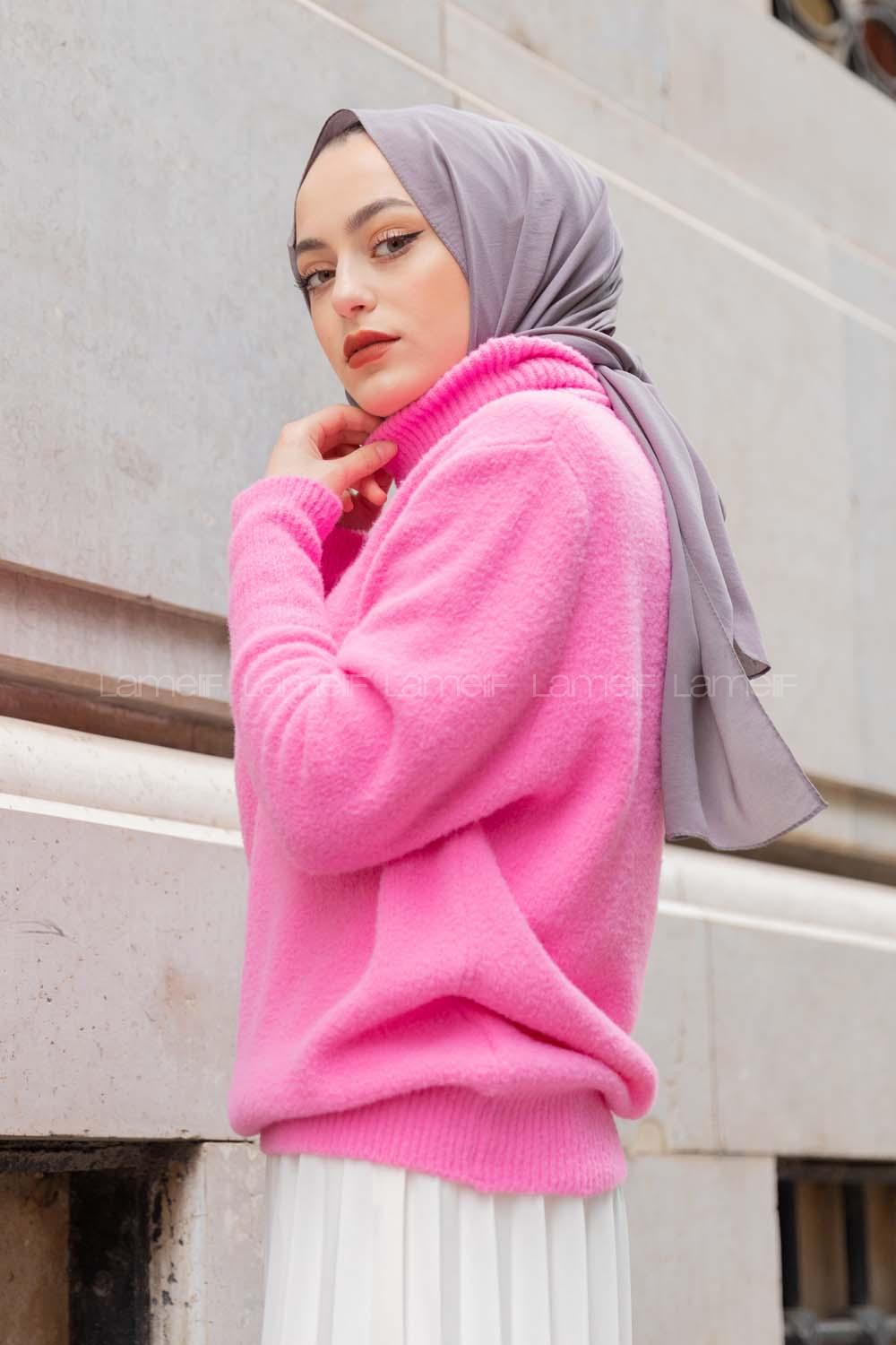 Modalamelif Balıkçı Yaka Düz Renk Kazak Pembe