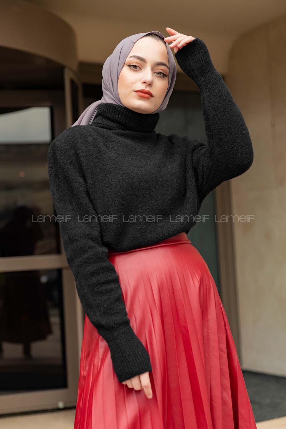 Modalamelif Balıkçı Yaka Düz Renk Kazak Siyah