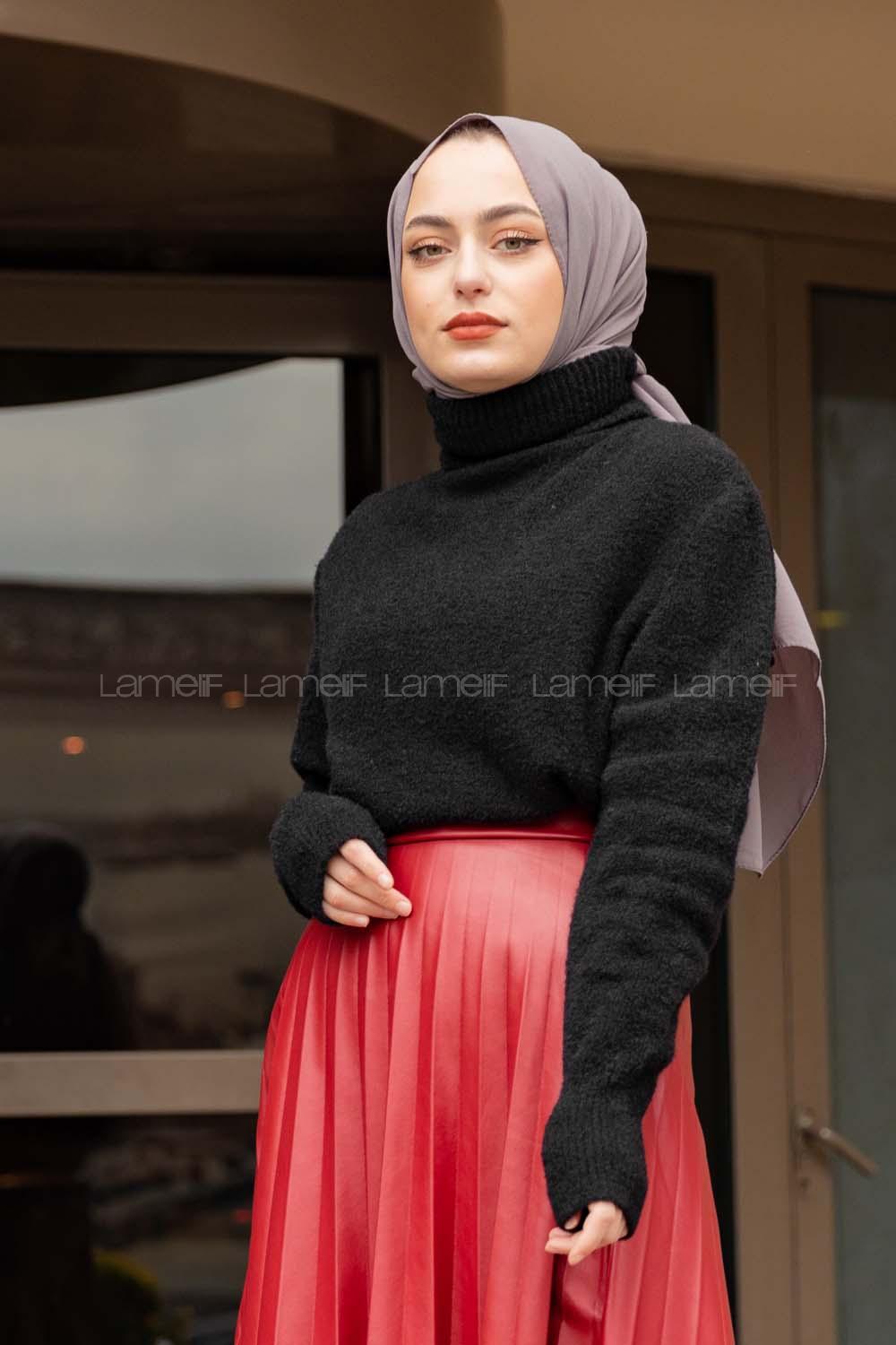 Modalamelif Balıkçı Yaka Düz Renk Kazak Siyah