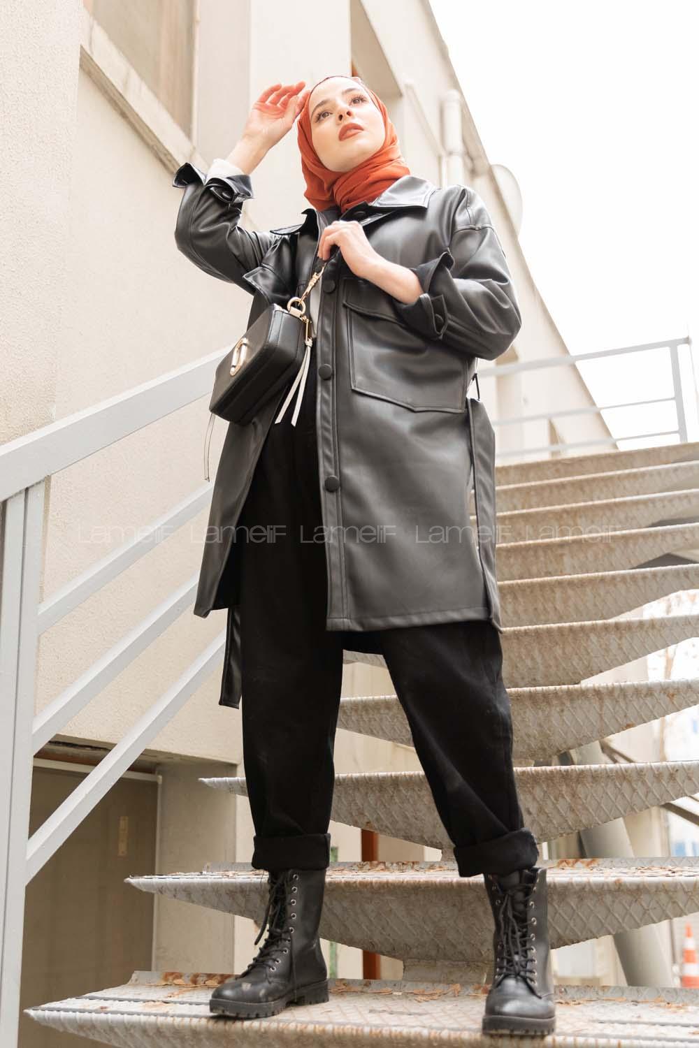 Modalamelif Belden Bağlamalı Deri Ceket Siyah