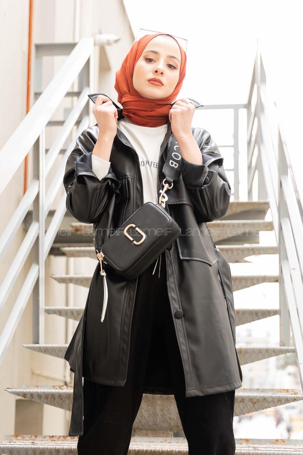 Modalamelif Belden Bağlamalı Deri Ceket Siyah