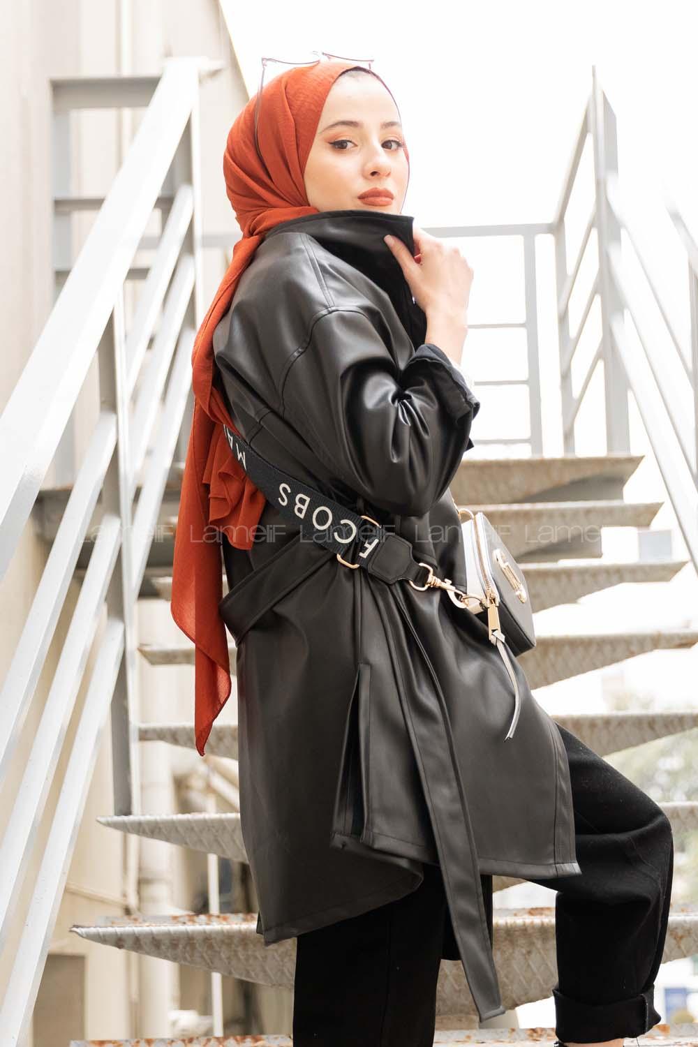 Modalamelif Belden Bağlamalı Deri Ceket Siyah