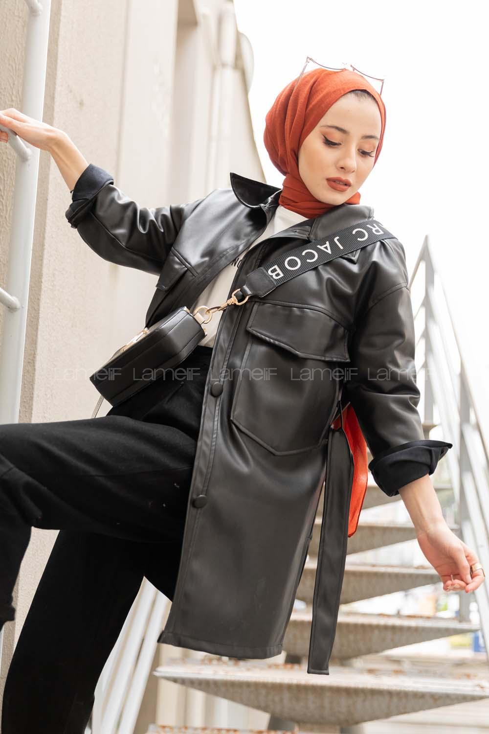 Modalamelif Belden Bağlamalı Deri Ceket Siyah