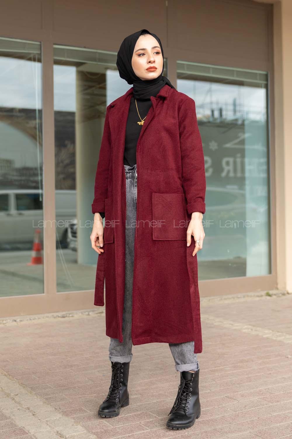 Modalamelif Belden Bağlamalı Kaşe Kaban Bordo