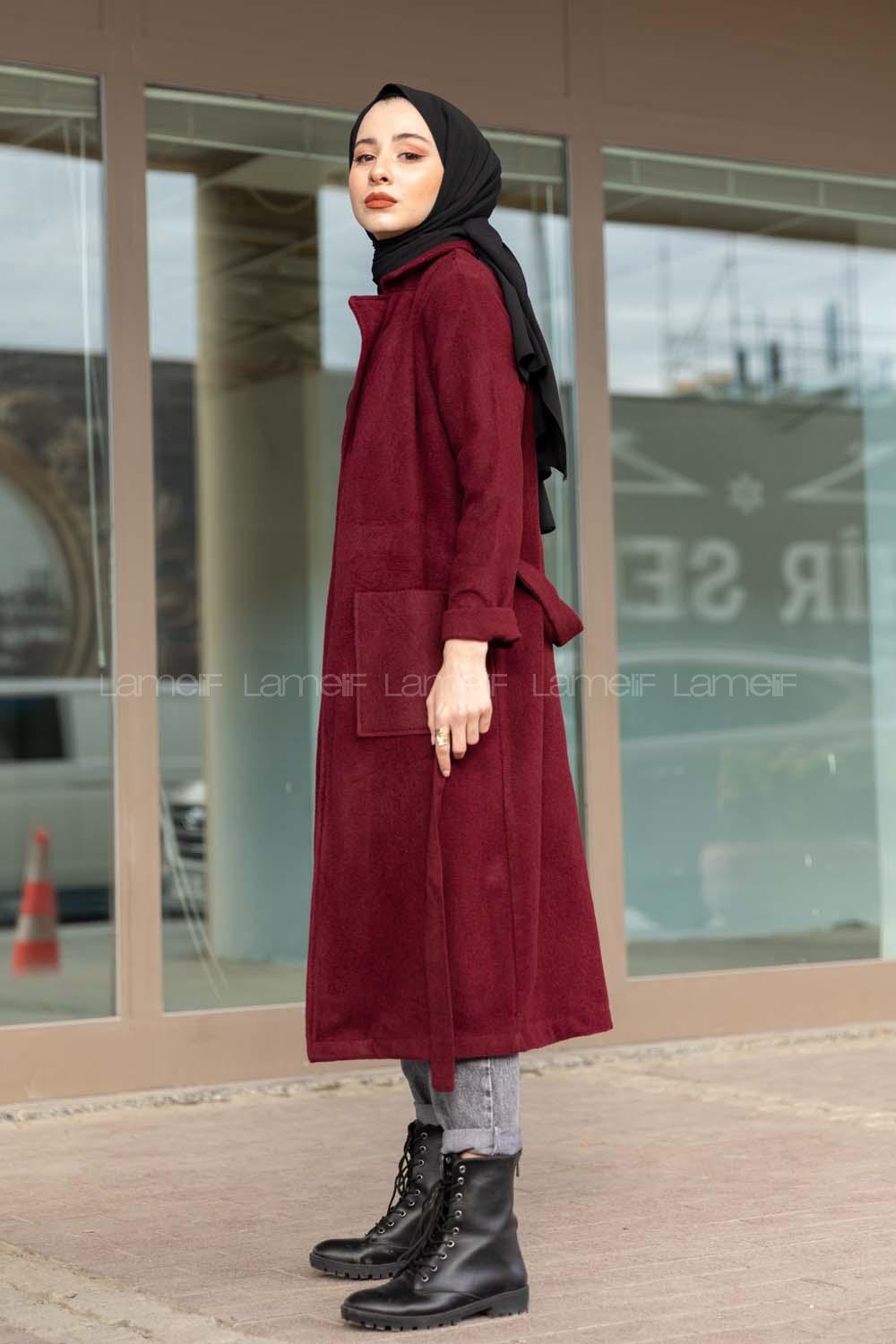 Modalamelif Belden Bağlamalı Kaşe Kaban Bordo