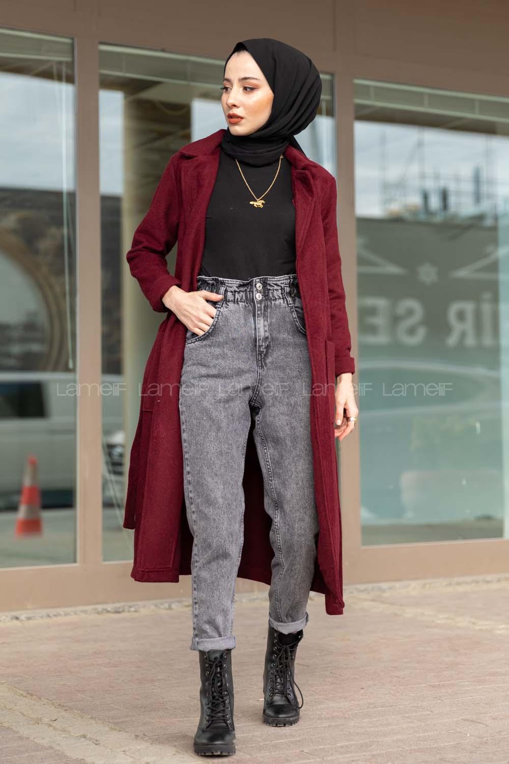 Modalamelif Belden Bağlamalı Kaşe Kaban Bordo