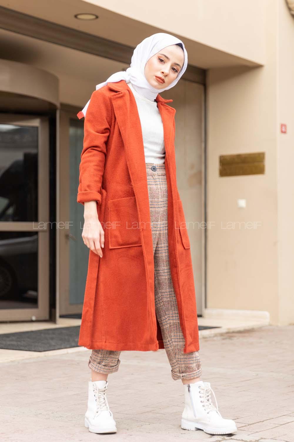 Modalamelif Belden Bağlamalı Kaşe Kaban Kiremit