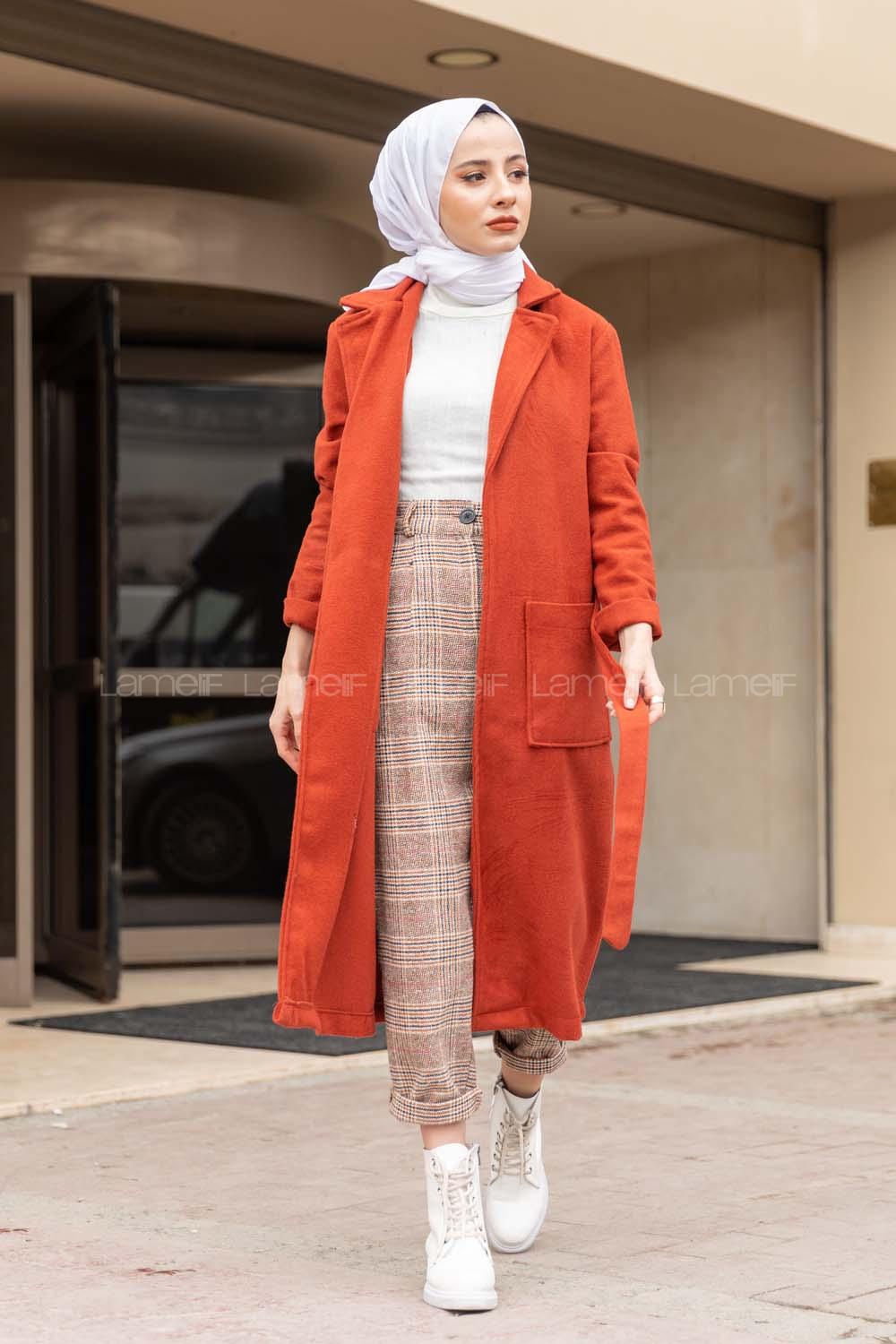 Modalamelif Belden Bağlamalı Kaşe Kaban Kiremit