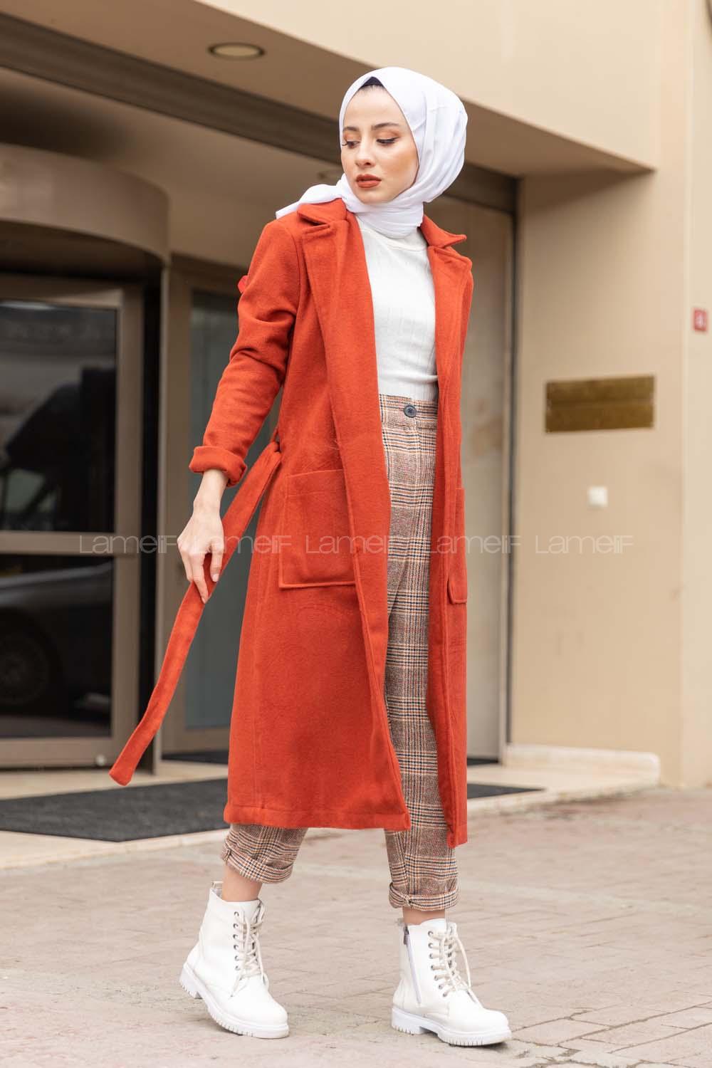 Modalamelif Belden Bağlamalı Kaşe Kaban Kiremit