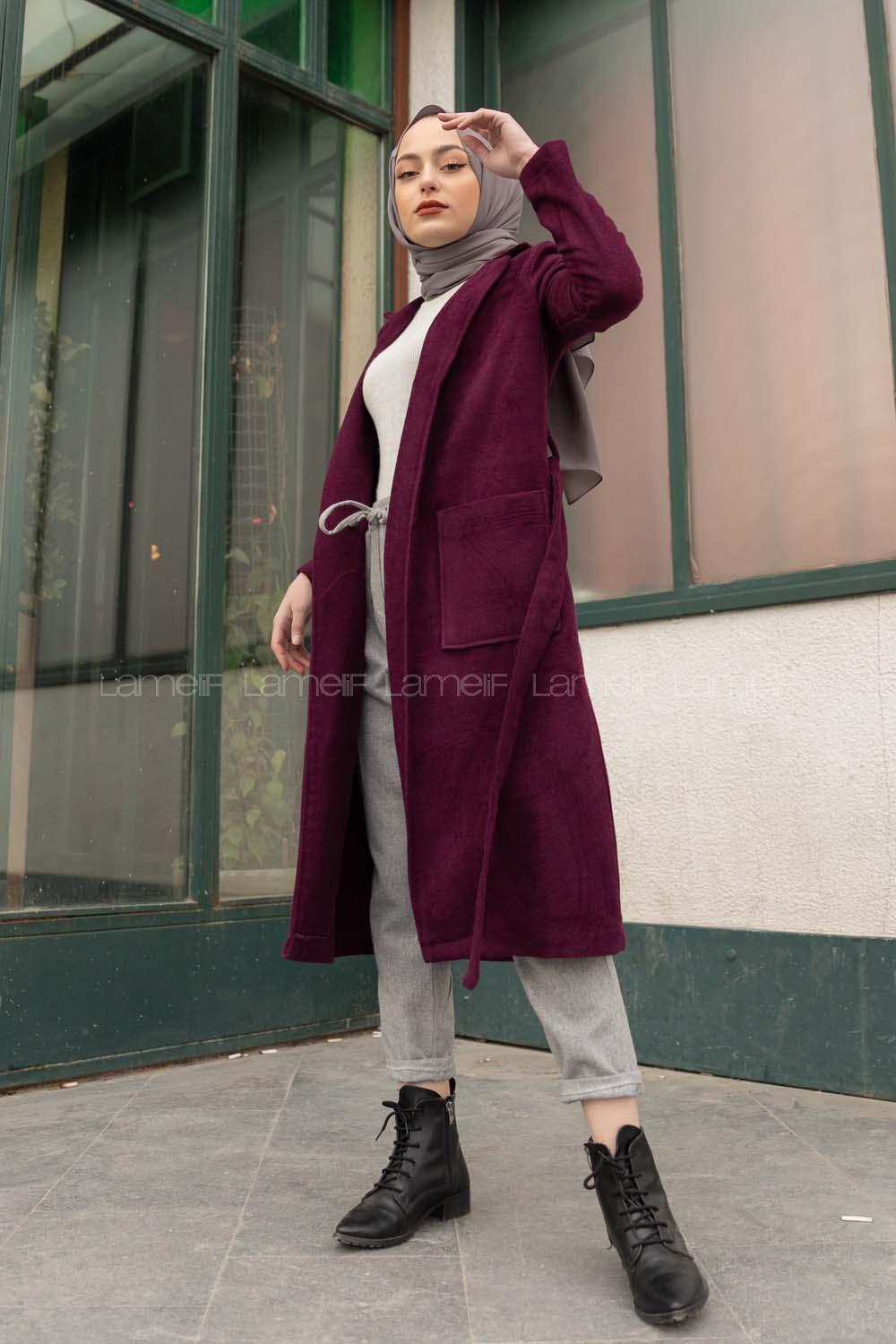 Modalamelif Bağlamalı Kaşe Kaban Mürdüm