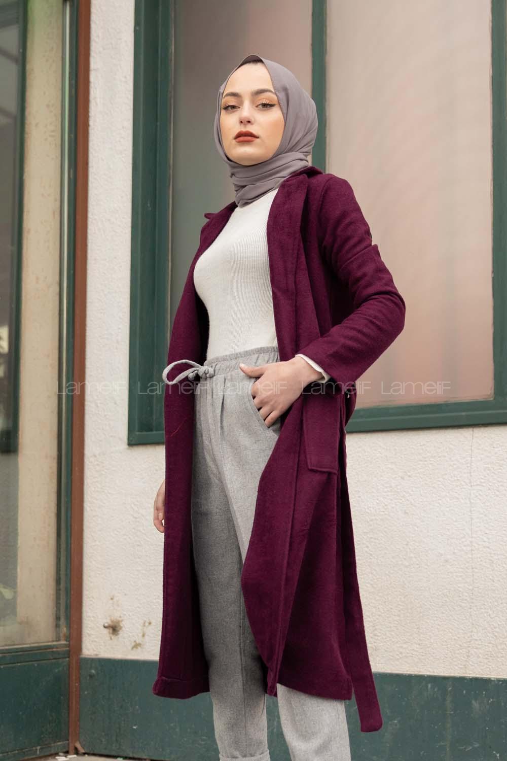 Modalamelif Bağlamalı Kaşe Kaban Mürdüm